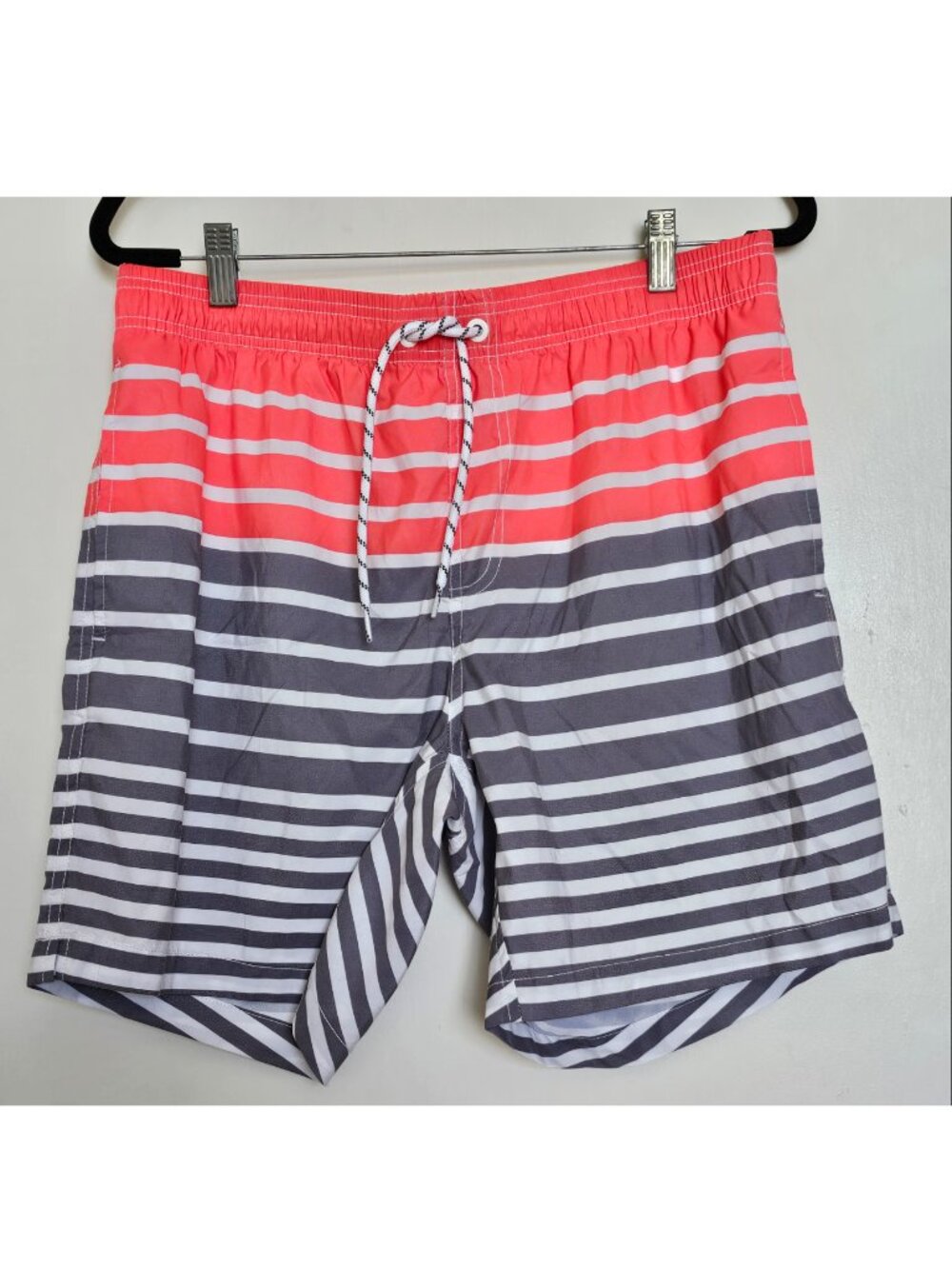 Salmon Striped Slim Fit Mesh Lining Drawstring Swim 7” Trunks Board Shorts Large